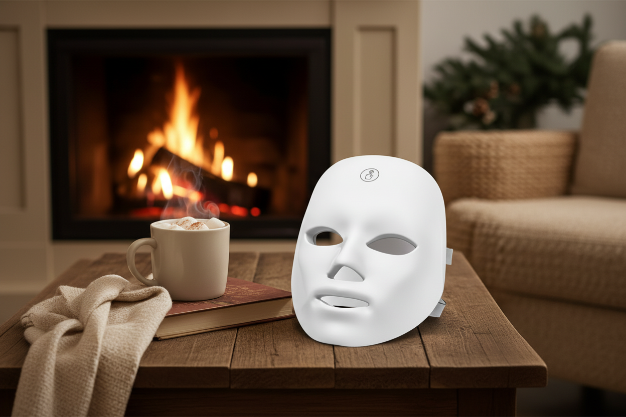 White face mask on a wooden table with a mug of hot chocolate and a fireplace in the background