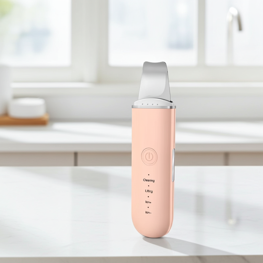 Pink electronic device on a white surface with a blurred background