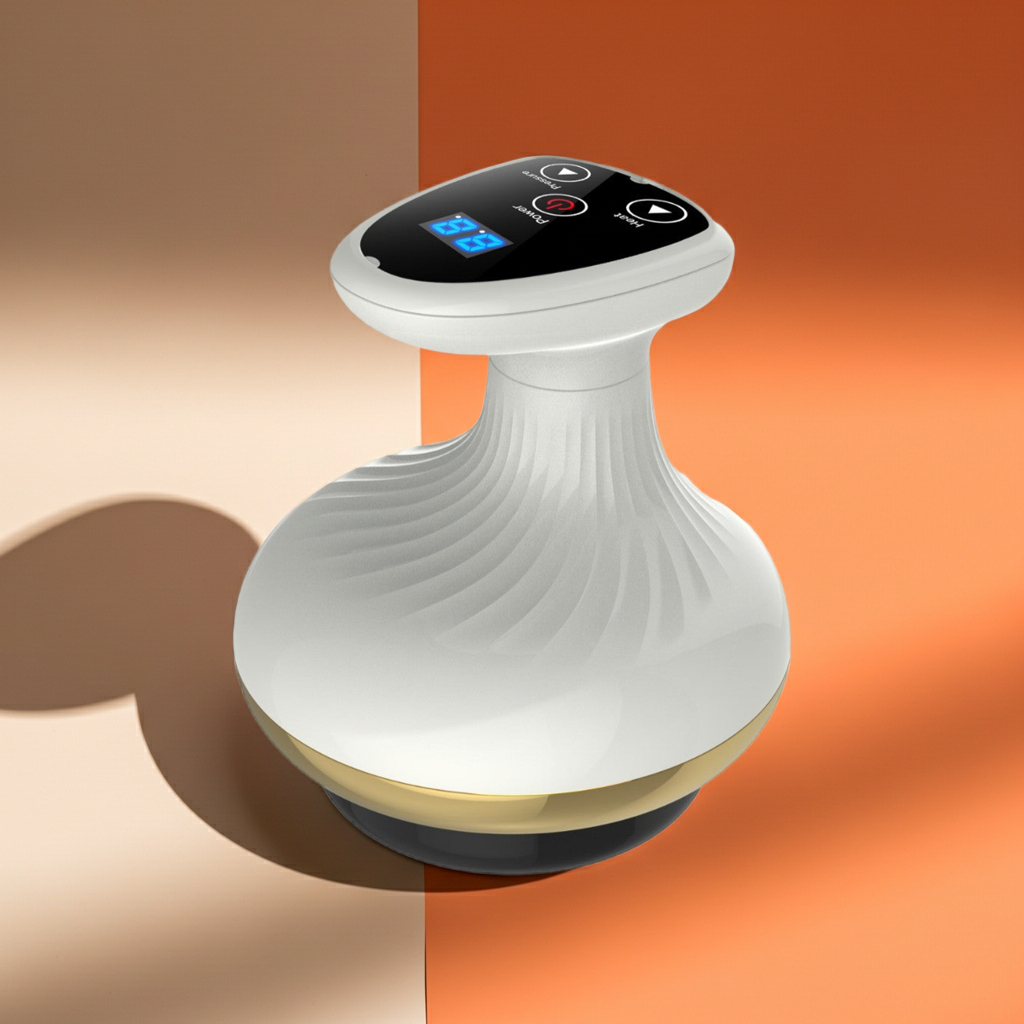 White handheld device with digital display on a two-tone background