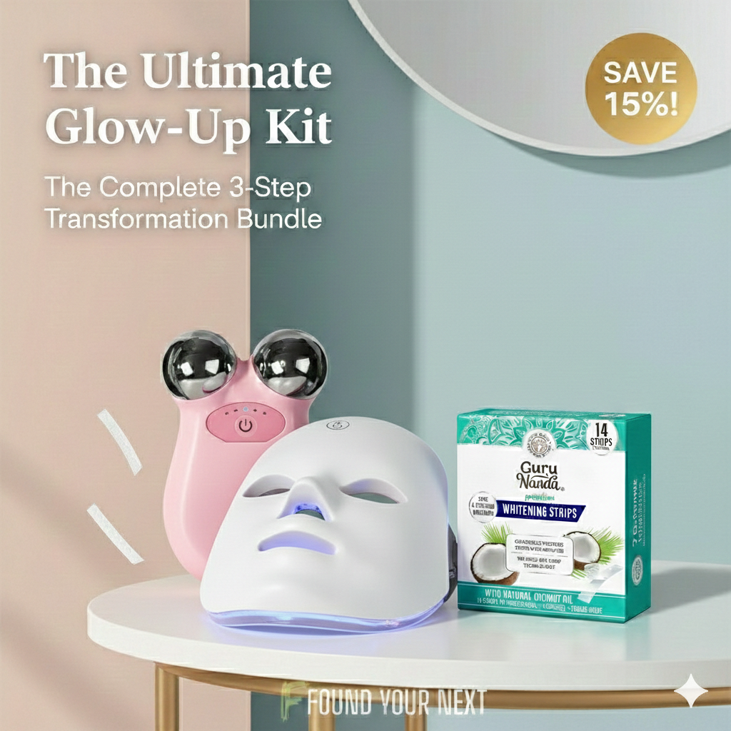 Ultimate Glow-Up Kit including LED face mask, microcurrent facial device, and teeth whitening strips.