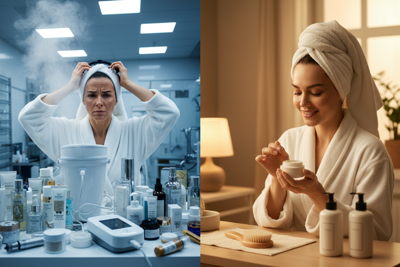 A before-and-after split image or a thoughtful "journey" visual: on one side, someone looking tired/stressed in a busy bathroom or spa setting (symbolizing frustration with expensive/complex routines); on the other, the same person relaxed at home using simple tools. Or a cozy home setup with early product prototypes to show the "starting point" personally.
