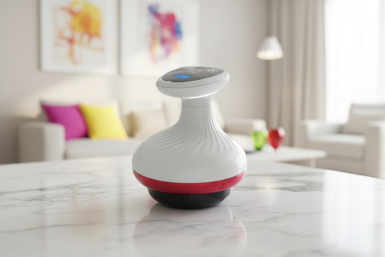 White and red electronic device on a marble surface with a blurred living room background