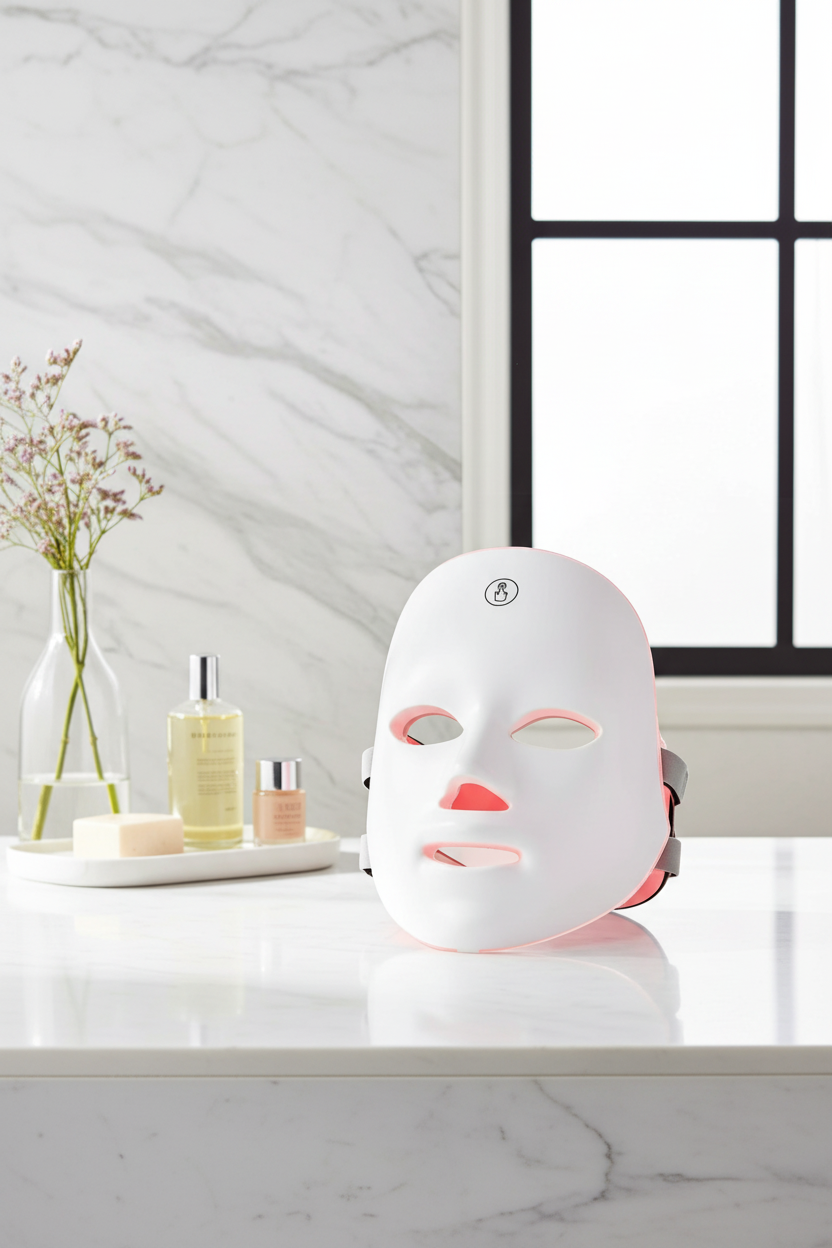 LED face mask on a marble surface with a light gray wall and window in the background