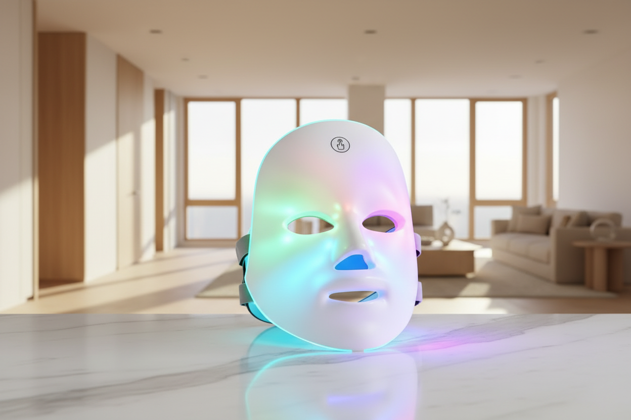 LED face mask on a marble floor with a modern living room in the background