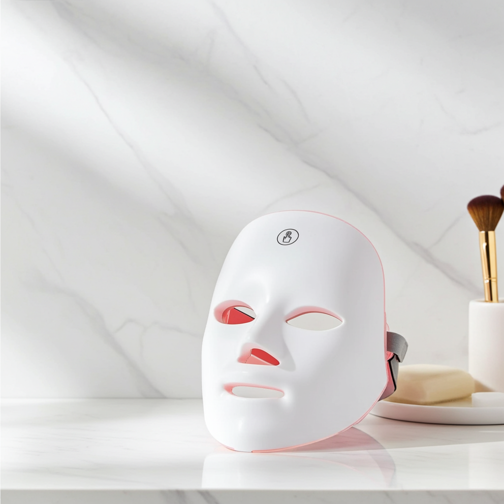 White LED face mask on a white surface with makeup brushes in the background